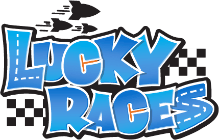 Logo for Lucky Races. It looks like an L and and R that are both made of sections of black road with white lane lines. Its orange and looks like sunset.