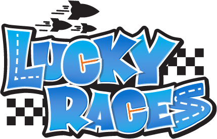 Logo for Lucky Races. It looks like an L and and R that are both made of sections of black road with white lane lines. Its orange and looks like sunset.